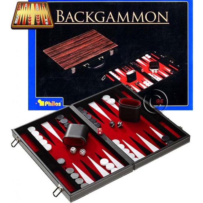 Backgammon a valigetta in legno. Dimensioni cassetta, chiusa mm. 380 x 235 x 55, aperta mm. 380 x 470x 26. Campo da gioco realizzato in similpelle e feltro. Completo di accessori.