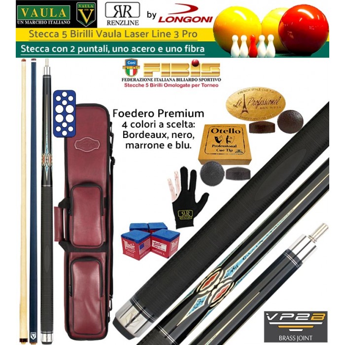 Stecca biliardo 5 birilli e 9 birilli-Goriziana biliardo internazionale senza buche Longoni Vaula Laser 3 Pro, con 2 punte una legno acero e una in fibra, omologata CONI FIBIS. A corredo fodero Premium De Luxe 4+8, ricambi, accessori stecca e omaggio Stecca biliardo 5 birilli e 9 birilli-Goriziana biliardo internazionale senza buche Longoni Vaula Laser 3 Pro, con 2 punte una legno acero e una in fibra, omologata CONI FIBIS. A corredo fodero Premium De Luxe 4+8, ricambi, accessori stecca e omaggio