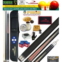 Stecca 5 birilli e 9 birilli-Goriziana biliardo internazionale Longoni Vaula Laser 2 Pro, Omologata tornei CONI FIBIS, doppia punta, acero e fibra di carbonio, con fodero Longoni G-Lux 2+2, ricambi, accessori d’uso e omaggio.