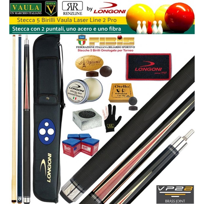 Stecca 5 birilli e 9 birilli-Goriziana biliardo internazionale Longoni Vaula Laser 2 Pro, Omologata tornei CONI FIBIS, doppia punta, acero e fibra di carbonio, con fodero Longoni G-Lux 2+2, ricambi, accessori d’uso e omaggio.