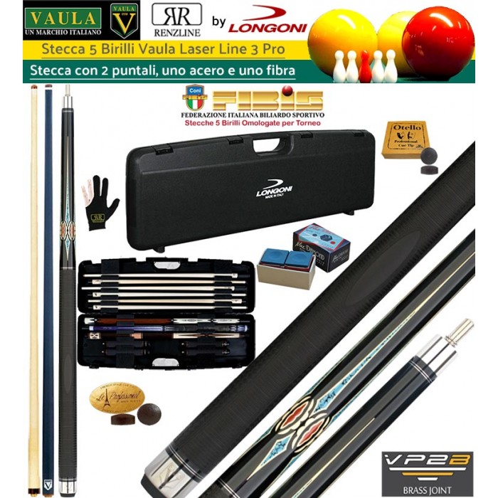 Stecca 5 birilli e 9 birilli-Goriziana biliardo internazionale Longoni Vaula Laser 3 Pro, Omologata FIBIS, con doppia punta, una in acero e una in fibra , con valigetta Longoni Transporter, cuoi di ricambio, accessori e omaggio.