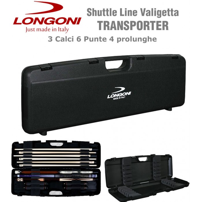 valigetta porta stecca in polypropilene Longoni Transporter colore nero, capacità: 3 calci, 6 punte, 4 prolunghe vano porta oggetti.