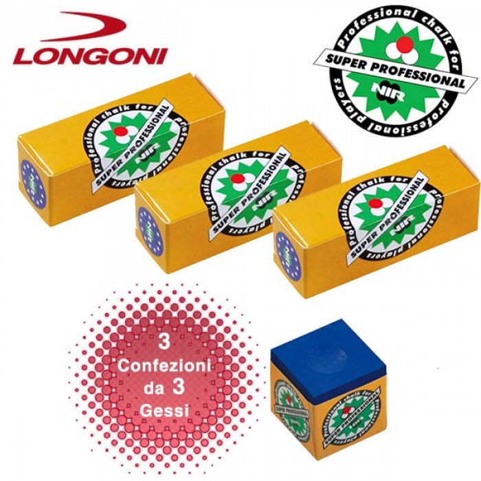 Longoni Nir Super Professional tre confezioni di gesso blu per stecca biliardo.