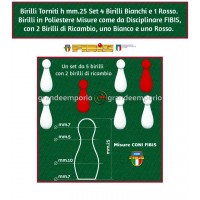 Biliardo 5 birilli un set di birilli, quattro bianchi e uno rosso, in poliestere torniti. Birilli altezza mm.25 misure FIBIS. Dotazione un birillo bianco e uno rosso di ricambio.