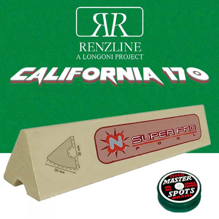 panno biliardo pool Renzline california verde cm.340x170, copertura piano e  sponde tavolo, 9 piedi. misure biliardo: campo da gioco cm.254x127, ardesia  cm.272x145, con set di 6 gomme per sponde super pro profilo