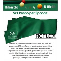 Panno biliardo 5 birilli Renzline California verde, panno cm.305x170 copertura piano biliardo con campo gioco fino a cm.284x142 e ardesia cm.302x160, con panno per sponde Reflex, gomme sponde Smeraldo e bilie Super Aramith 61,5 omologate.