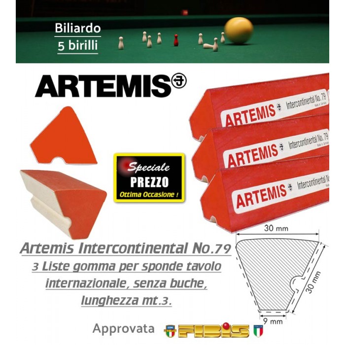  Biliardo 5 birilli set 3 liste in gomma per sponda tavolo internazionale senza buche Artemis Intercontinental No.79, lunghezza mt.3 ciascuna. 