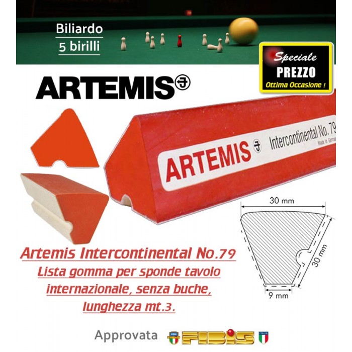 Biliardo 5 birilli lista in gomma per sponda tavolo internazionale senza buche Artemis Intercontinental No.79, lunghezza mt.3. 