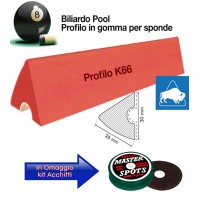 Buffalo Elite set di 6 liste gomma, da cm. 122, per sponde profilo K66, biliardo pool 9 piedi con campo da gioco fino cm. 254x127. In omaggio kit Acchitti.