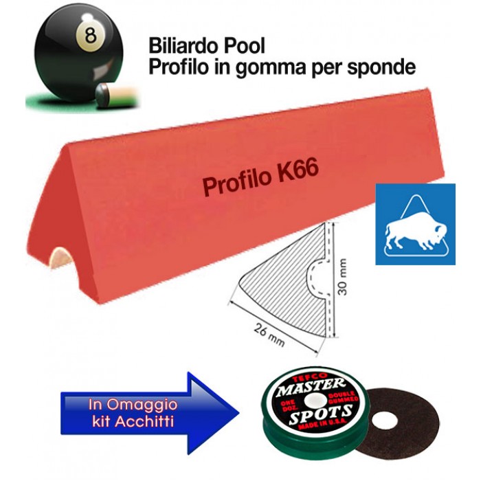 Buffalo Elite set di 6 liste gomma, da cm. 92, per sponde profilo K66, biliardo pool 6 e 7 piedi con campo da gioco fino cm.200x100. In omaggio kit Acchitti.