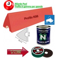 Buffalo Elite set di 6 liste gomma, da cm.122, per sponde profilo K66, biliardo pool 9 piedi con campo da gioco fino cm. 254x127.  Abbianto ad una confezione colla. In omaggio kit Acchitti.