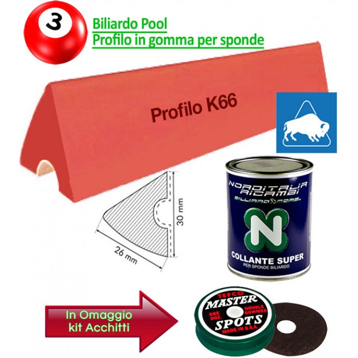 Buffalo Elite set di 6 liste gomma, da cm. 92, per sponde profilo K66, biliardo pool 6 e 7 piedi con campo da gioco fino cm.200x100.  Abbianto ad una confezione colla. In omaggio kit Acchitti.