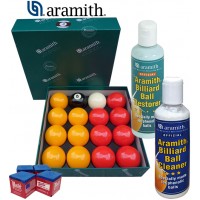 Aramith The Belgian Billiard Balls Premier Casinò bilie biliardo , mm.57,2, in resina fenolica, disciplina pool Inglese. 7 bilie rosse, 7 gialle, una nera numerata e una bianca battente, con Aramith ball cleaner, Aramith Restore e omaggio.