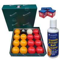 Aramith The Belgian Billiard Balls Premier Casinò bilie biliardo , mm.50,8, in resina fenolica, disciplina pool Inglese. 7 bilie rosse, 7 gialle, una nera numerata e una bianca battente, con Aramith ball cleaner e omaggio.