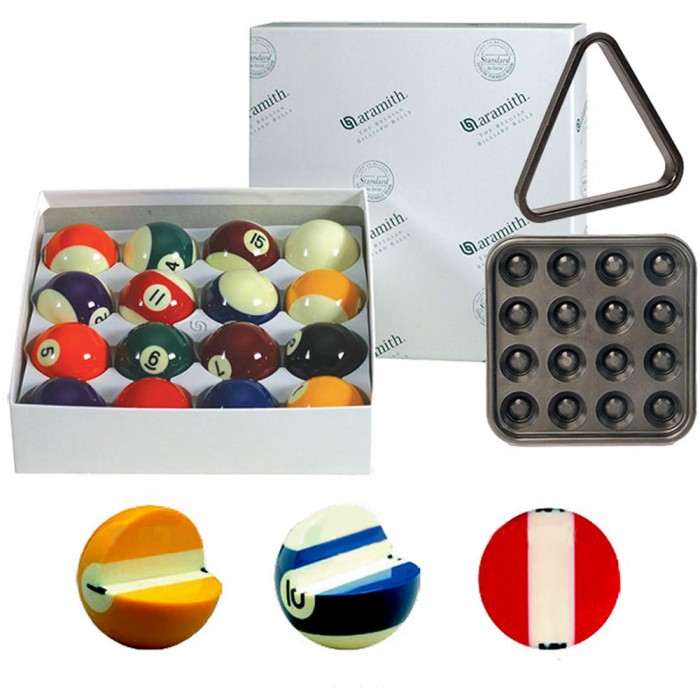 Biliardo pool bilie Aramith The Belgian Billiard Balls Standard diametro mm.57,2. Bilie in resina fenolica naturale, 15 bilie numerate e una bianca battente, abbinate con triangolo e vassoio porta bilie. Bilie originali e autentiche!