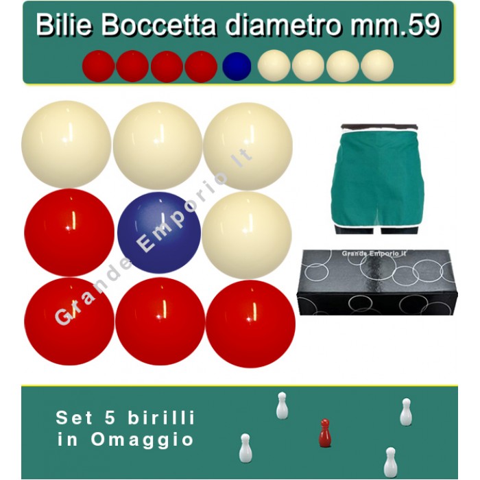 Bilie boccette OAH per biliardo con buche diametro m.59 in resina sintetica  4 bilie rosse - 4 bianche  e un pallino blu diametro m.54 abbinate ad un grembiule da biliardo. In omaggio set 5 birilli.