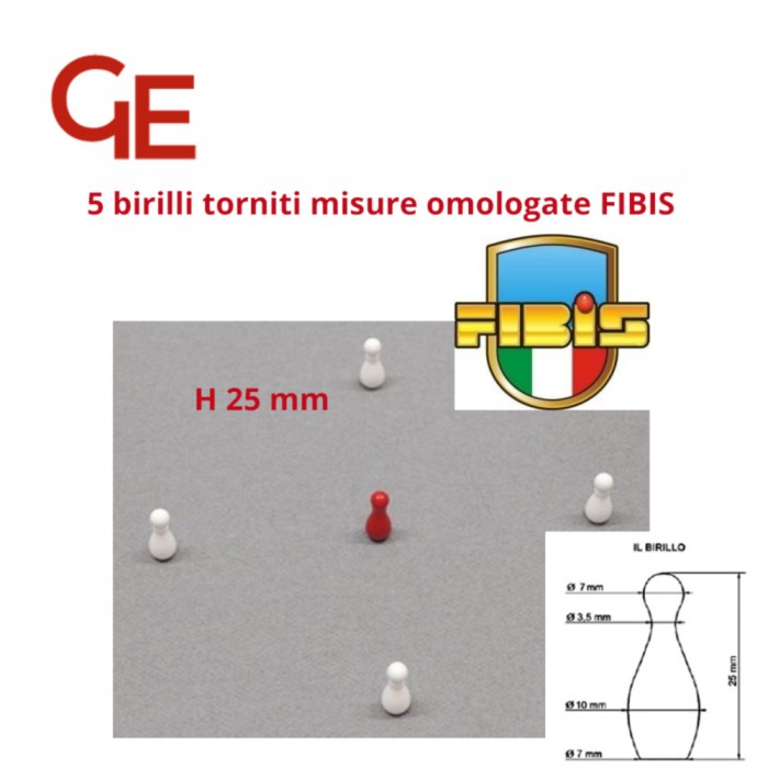 Set 5 birilli torniti in poliestere h 25 mm misure omologate FIBIS