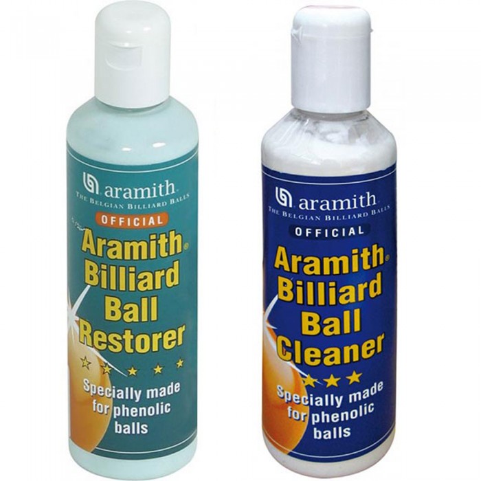 Aramith Billiard Ball Restore abbinato a Aramith billiard ball cleaner, coppia detergenti liquidi per bilie fenoliche per biliardo. Flaconi da 250ml.