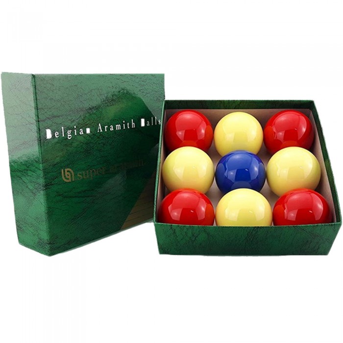 Bilie boccette Super Aramith diametro m.61,5 pallino diametro m.59 in resina fenolica 4 rosse 4 bianche pallino blu. Biliardo senza  buche internazionale