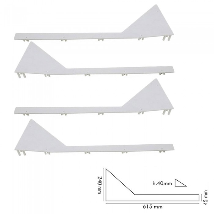 Calcio Balilla angolari fermavetro alti serie 4 pezzi, 2 sx. e 2 dx, altezza massima cm. 4, lunghezza cm.61,5, in plastica bianca.  