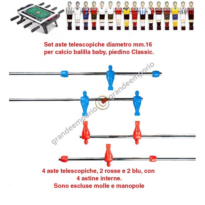 Serie aste telescopiche per calcetto baby diametro mm.16, Rosso e Blu. Serie  completa di 4 aste e 4 astine interne 10 mm.; spessore cromatura da 0,011 a 0,022 ; Spessore tubo 2 mm., Piede diritto.