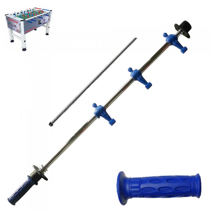 Calcio balilla Roberto Sport Copetition ricambio originale asta telescopica (rientrante) con 3 ometti blu (attaccanti) Asta acciaio doppia cromatura, m.840, diametro m.18, con ometti, molle, boccole, astina interna e manopola Pro Italy. 