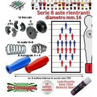 Calcio Balilla serie otto (8) aste rientranti diametro m.16, con otto (8) astine interne, otto (8) manopole Griply, sedici (16) boccole e sedici (16) molle. In omaggio 10 palline e lubrificante.