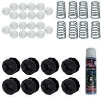 Calcio Balilla ricambi. Kit con 8 boccole e 8 molle per aste uscenti diametro mm.16, 20 palline bianche standard  e una confezione lubrificante spray Roberto Sport.