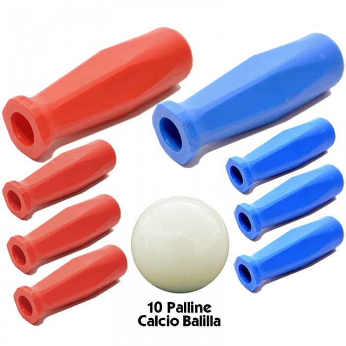 Calcio Balilla otto (8) manopole universali Gripply per aste diametro mm.16. Quattro blu e quattro rosse, abbinate ad un set di dieci (10) palline per calcio balilla.