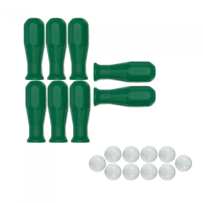 Calcio Balilla serie di otto (8) manopole colore verde in polipropilene per aste diametro mm.16 abbinate con 10 palline calcetto bianche.