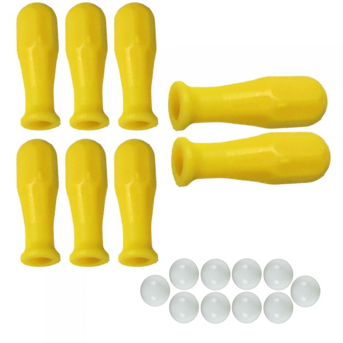 Calcio Balilla serie di otto (8) manopole gialle in polipropilene per aste diametro mm.16 abbinate con 10 palline calcetto bianche.