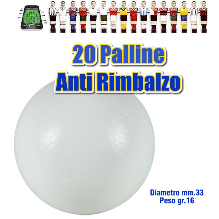 Calcio Balilla set 20 Palline bianche Antirimbalzo in polietilene prima scelta, diametro mm.33, peso 16gr. calcio, balilla, palline, professionale