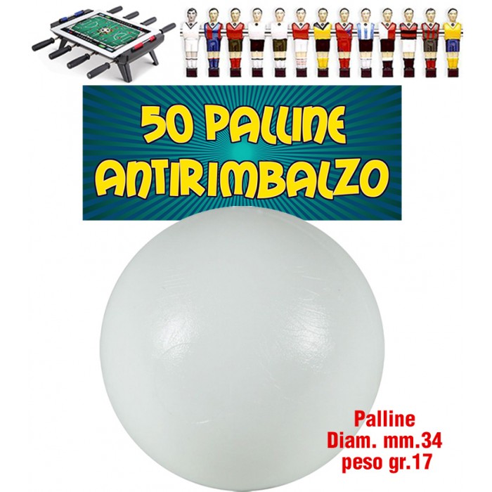 Calcio Balilla set 50 Palline bianche Antirimbalzo in polietilene prima scelta, diametrocmm.33, peso 17gr.