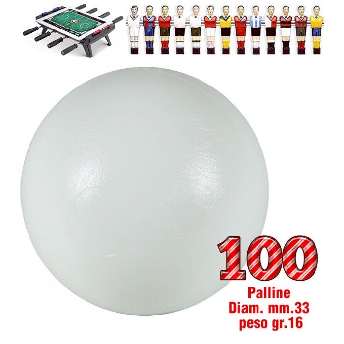 Calcio Balilla set di 100 palline universali HS, prima scelta, colore bianco, diametro mm.33, peso gr.16. Rotondità e peso controllati.