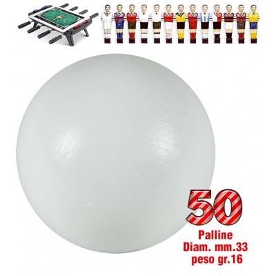 Calcio Balilla set di 50 palline universali HS, prima scelta, colore bianco, per calcio balilla  mm.33, peso gr.16. Rotondità e peso controllati.
