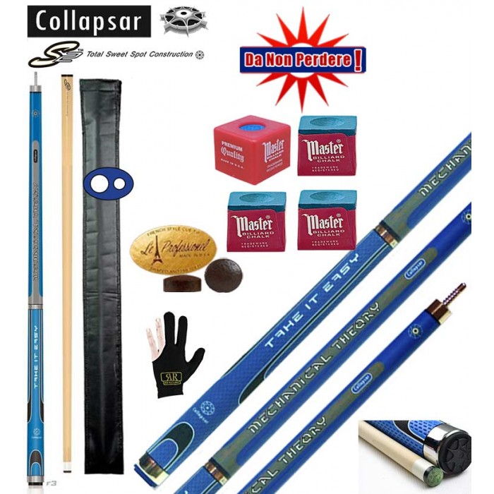 Stecca biliardo pool Collapsar F3 professional. smontabile 2 pz. calcio e punta. Lunghezza complessiva cm.148 con cuoio diametro mm.13, peso 19/20oz. Dotazione accessori, ricambi e omaggio.