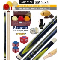 Stecca 5 birilli biliardo internazionale Collapsar G3 Pro smontabile 2 pz. Lunghezza cm.142 cuoio diametro mm.12,5. 100% Acero Canadese finitura lucida, giunto filetto legno, con bilie Aramith Tournament 61,5 omologate Fibis. Offerta promozionale.