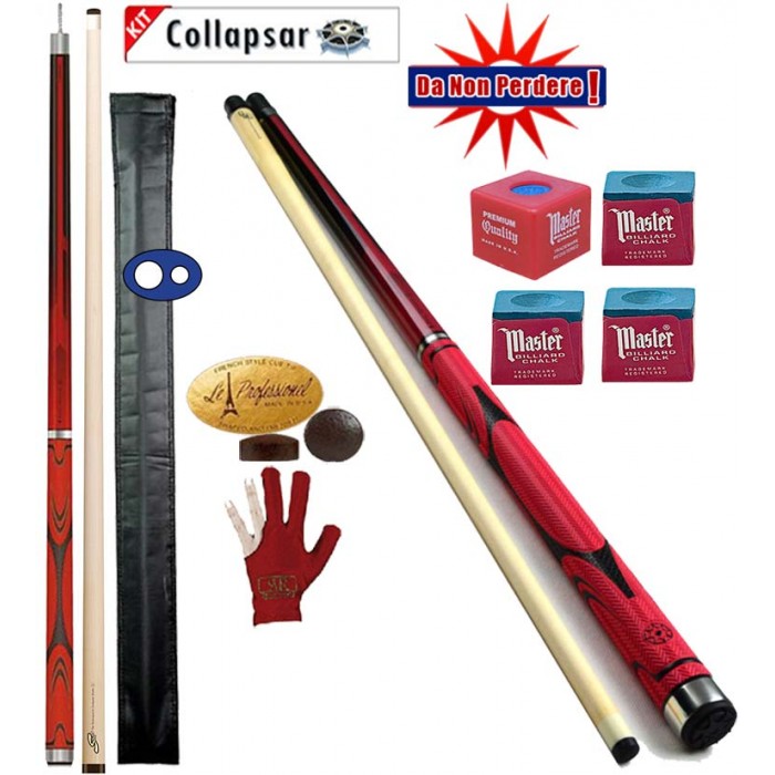 Stecca biliardo pool Collapsar P1 professional, smontabile 2 pz. calcio e punta. Lunghezza complessiva cm.148 con cuoio diametro mm.13, peso 19/20oz. Dotazione accessori, ricambi e omaggio