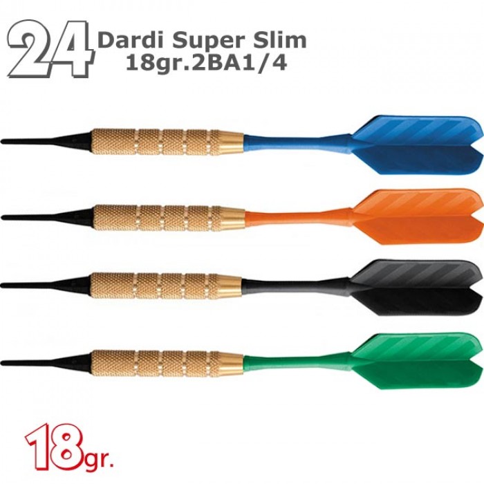 Dardi set di 24 Freccette Softdard Super Slim, punta in plastica, 1-4 BSF 2BA 18gr.