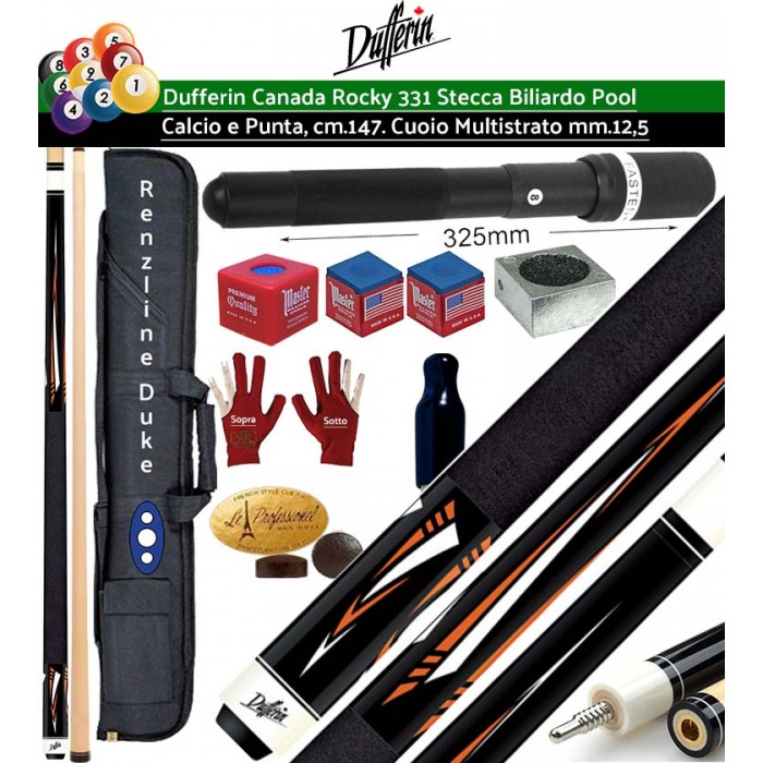 Stecca biliardo pool Dufferin Canada 300 Rocky series 331, calcio e punta 100% acero canadese Hard Rock, cm.147 cuoio multi strato m.13 giunto in acciaio ad innesto rapido. Offerta promozione con fodero Duke, prolunga, accessori, ricambi, e omaggio.