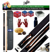 Stecca biliardo pool Dufferin Canada 300 Rocky series 331, calcio e punta 100% acero canadese Hard Rock, cm.147 cuoio multi strato m.13 giunto in acciaio ad innesto rapido. Offerta promozione con fodero porta stecca Prince accessori, ricambi, e omaggio