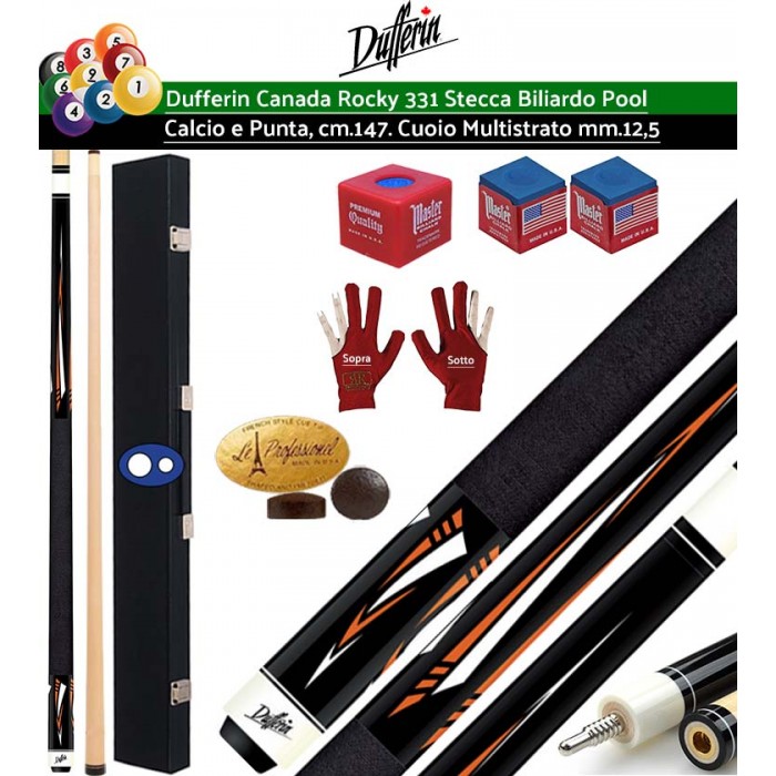 Stecca biliardo pool Dufferin Canada Rocky serie 331, calcio e punta 100% acero canadese Hard Rock, cm.147 cuoio multi strato m.13 giunto in acciaio ad innesto rapido. Offerta promozione con valigetta porta stecca Fire accessori, ricambi, e omaggio.