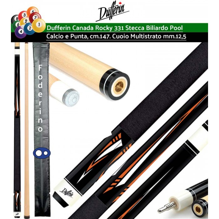 Stecca biliardo pool Dufferin Canada Rocky serie 331, calcio e punta in 100% acero canadese Hard Rock bianco, cm.147 cuoio multi strato m.13 giunto in acciaio ad innesto rapido. Offerta promozione.