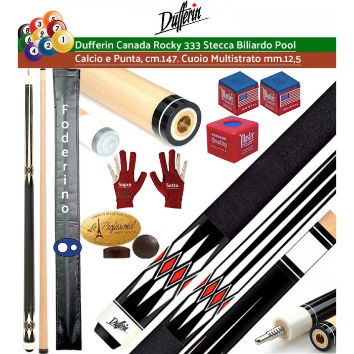 Stecca biliardo pool Dufferin Canada Rocky serie 333, calcio e punta 100% acero canadese Hard Rock bianco, cm.147 cuoio multi strato m.13 giunto in acciaio ad innesto rapido. Offerta promozione con accessori, ricambi, e foderino in omaggio.