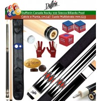 Stecca biliardo pool Dufferin Canada Rocky serie 333, calcio e punta in 100% acero canadese Hard Rock, cm.147 cuoio multi strato m.13 giunto in acciaio ad innesto rapido. Offerta promozione con Fodero porta stecca Basic accessori, ricambi, e omaggio.