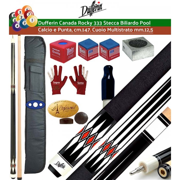 Stecca biliardo pool Dufferin Canada 300 Rocky series 333, calcio e punta 100% acero canadese Hard Rock, cm.147 cuoio multi strato m.13 giunto in acciaio ad innesto rapido. Offerta promozione con fodero porta stecca Prince accessori, ricambi, e omaggio