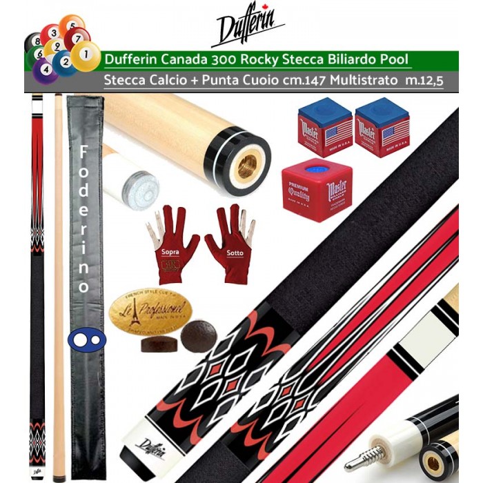 Stecca biliardo pool Dufferin Canada Rocky serie 334, calcio e punta 100% acero canadese Hard Rock bianco, cm.147 cuoio multi strato m.13 giunto in acciaio ad innesto rapido. Offerta promozione con accessori, ricambi, e foderino in omaggio.