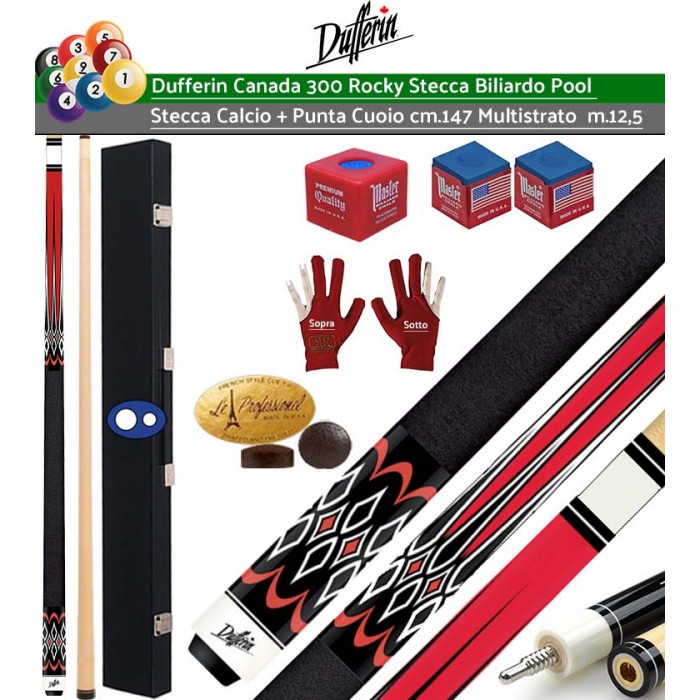 Stecca biliardo pool Dufferin Canada Rocky serie 334, calcio e punta 100% acero canadese Hard Rock, cm.147 cuoio multi strato m.13 giunto in acciaio ad innesto rapido. Offerta promozione con valigetta porta stecca Fire accessori, ricambi, e omaggio.