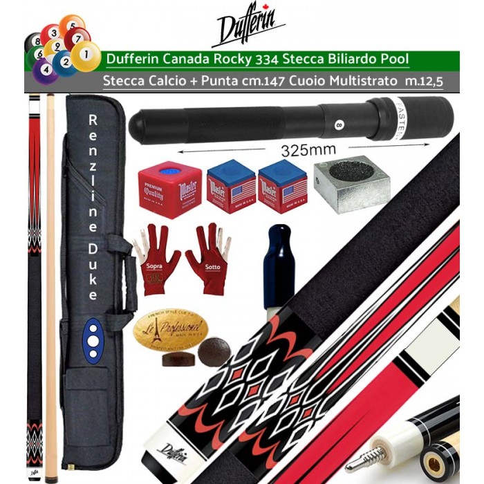 Stecca biliardo pool Dufferin Canada 300 Rocky series 334, calcio e punta 100% acero canadese Hard Rock, cm.147 cuoio multi strato m.13 giunto in acciaio ad innesto rapido. Offerta promozione con fodero Duke, prolunga, accessori, ricambi, e omaggio.