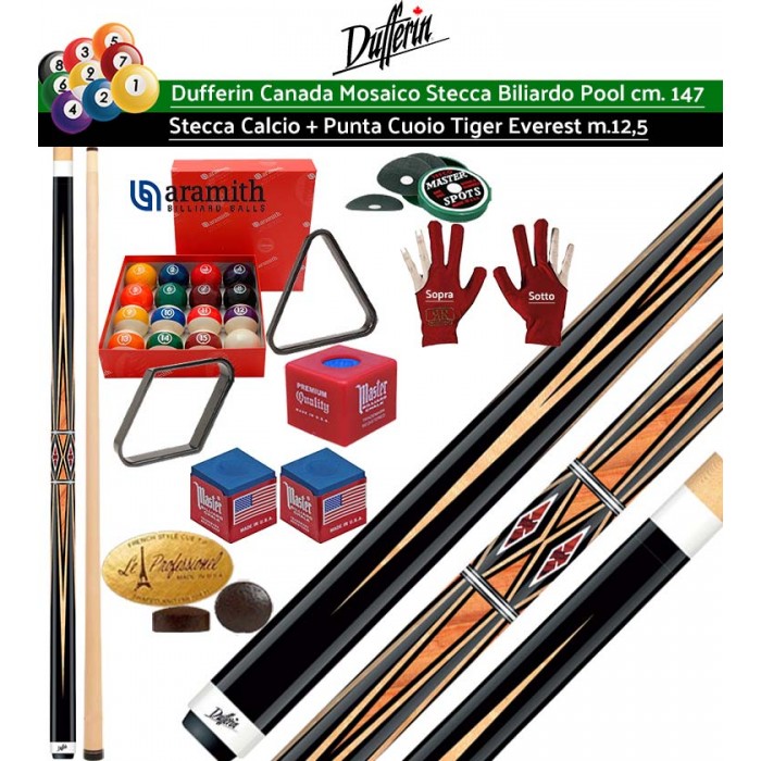 Stecca biliardo pool Dufferin Mosaico Serie D532 Pro. Stecca 2 pezzi, calcio e punta, acero canadese, lunghezza cm.147, cuoio Tiger Everest diametro  m.12,5. Peso 18oz-21oz. con bilie pool Aramith Continental 57,2, accessori e omaggio. Offerta risparmio.